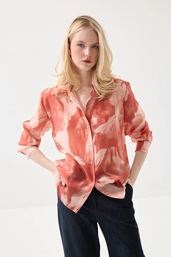 Rahat Kesim Desenli Tencel Gömlek - Pembe - 3