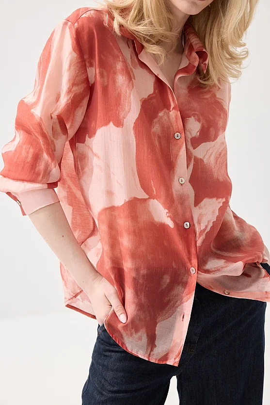 Rahat Kesim Desenli Tencel Gömlek - Pembe - 4