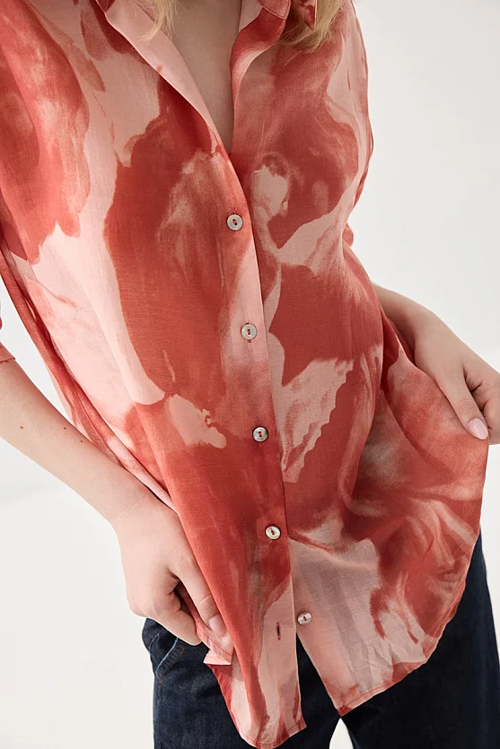 Rahat Kesim Desenli Tencel Gömlek - Pembe - 7