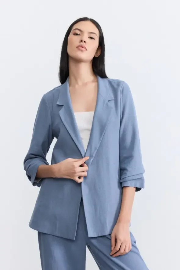 Rahat Kesim Keten Ceket - Mavi - Gusto