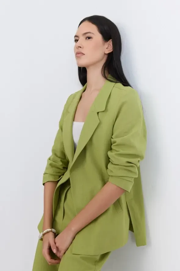 Rahat Kesim Keten Ceket - Yeşil - Gusto