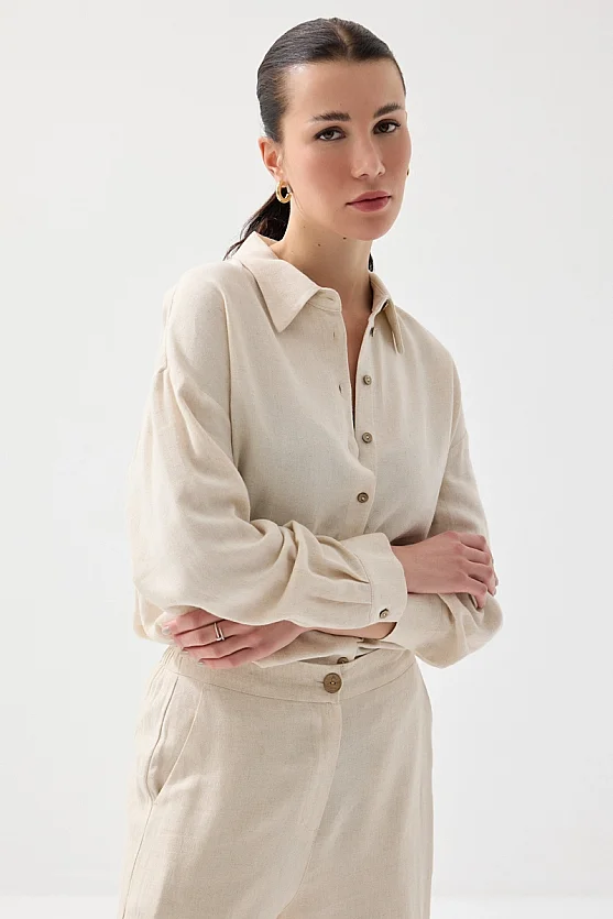 Rahat Kesim Keten Gömlek - Bej - Gusto