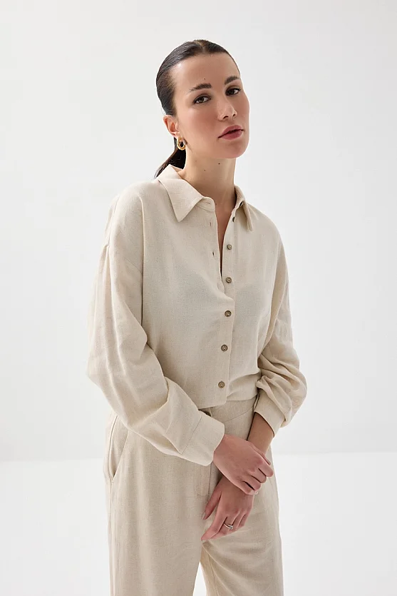 Rahat Kesim Keten Gömlek - Bej - 4