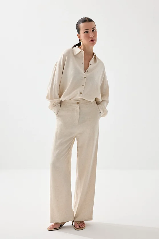 Rahat Kesim Keten Gömlek - Bej - 3