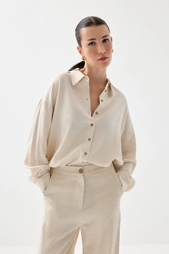 Rahat Kesim Keten Gömlek - Bej - 2