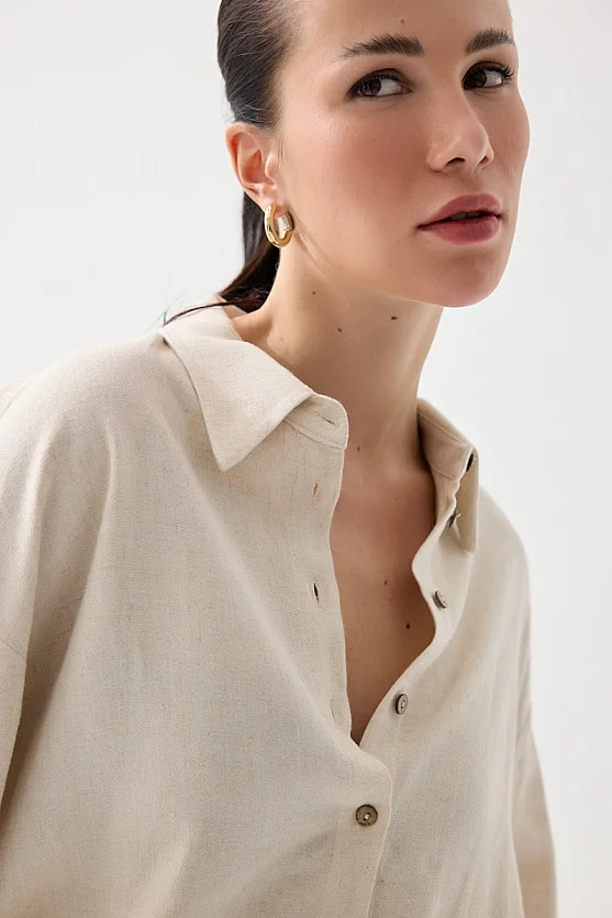 Rahat Kesim Keten Gömlek - Bej - 6