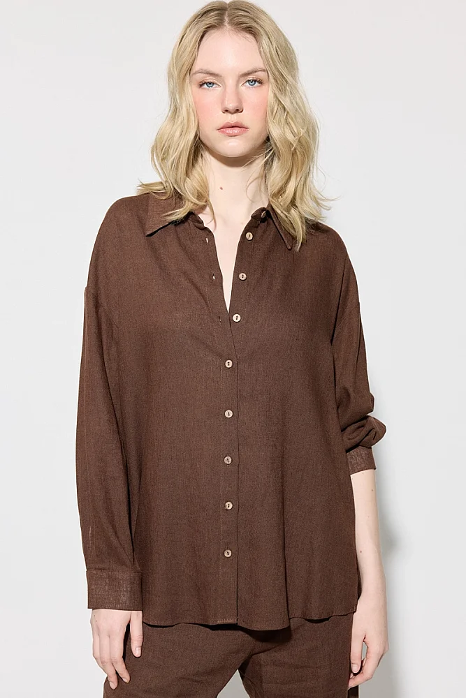 Rahat Kesim Keten Gömlek - Kahverengi