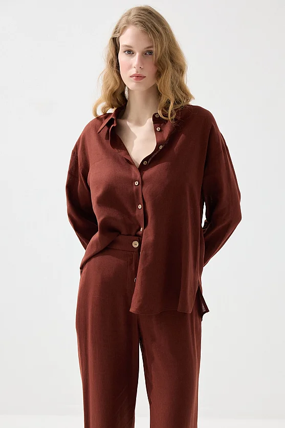 Rahat Kesim Keten Gömlek - Kiremit - 3