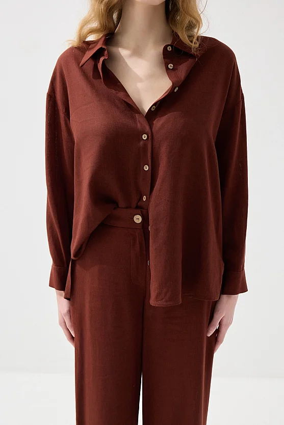 Rahat Kesim Keten Gömlek - Kiremit - 7