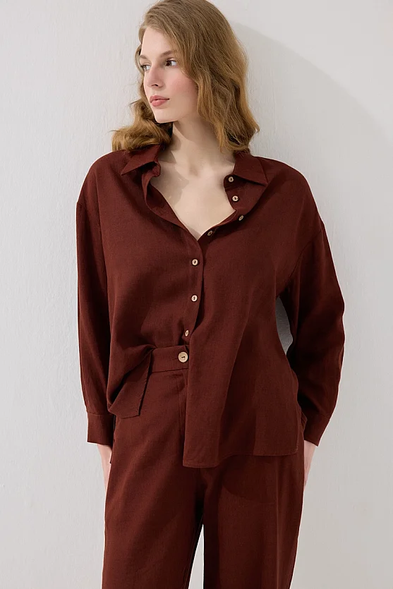 Rahat Kesim Keten Gömlek - Kiremit - 4