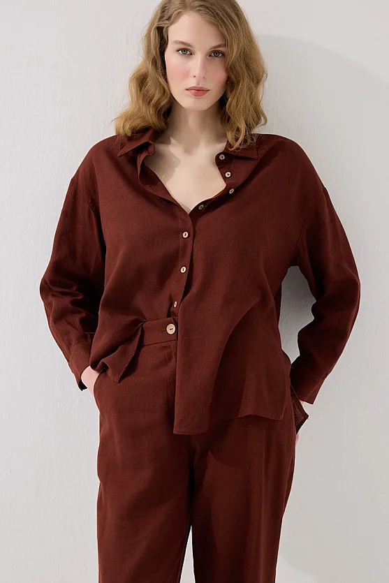 Rahat Kesim Keten Gömlek - Kiremit - 2