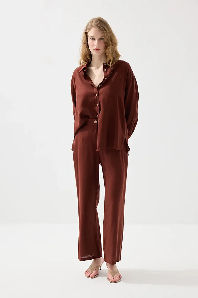 Rahat Kesim Keten Gömlek - Kiremit