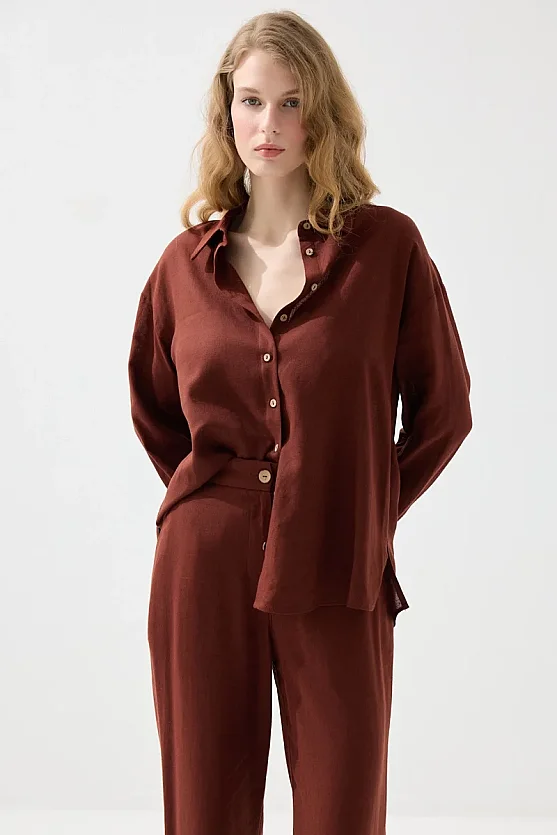 Rahat Kesim Keten Gömlek - Kiremit - Gusto