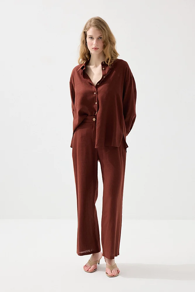 Rahat Kesim Keten Gömlek - Kiremit