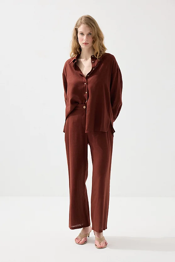 Rahat Kesim Keten Gömlek - Kiremit - Gusto