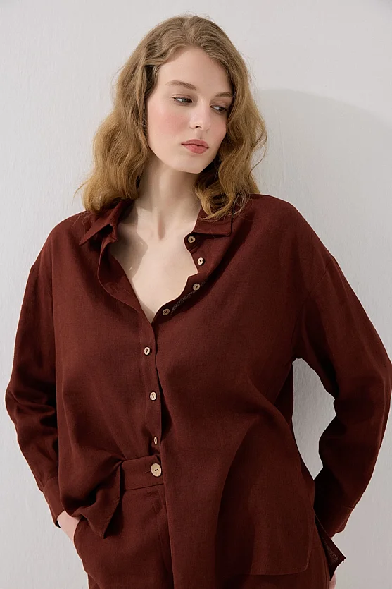 Rahat Kesim Keten Gömlek - Kiremit - Gusto