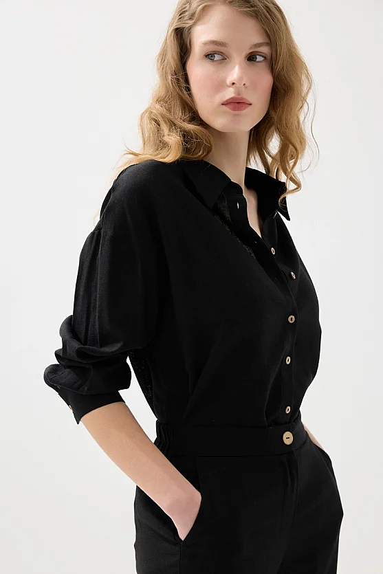 Rahat Kesim Keten Gömlek - Siyah - 4