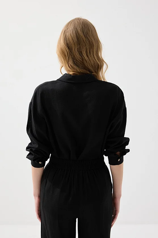 Rahat Kesim Keten Gömlek - Siyah - 5