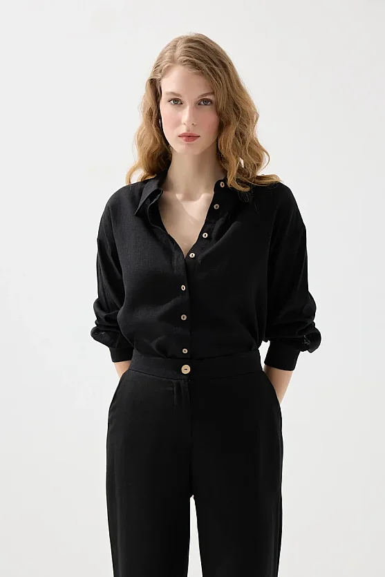 Rahat Kesim Keten Gömlek - Siyah - Gusto