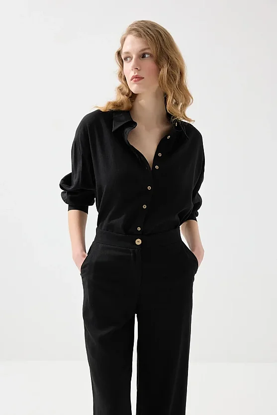 Rahat Kesim Keten Gömlek - Siyah - Gusto