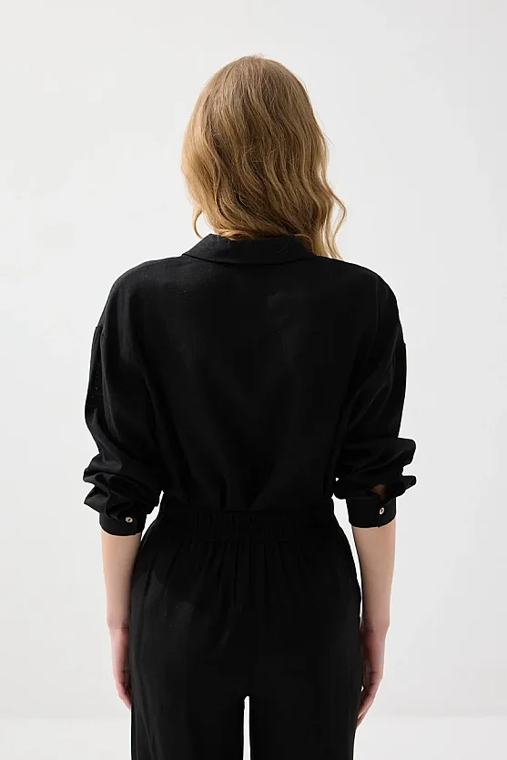 Rahat Kesim Keten Gömlek - Siyah - Gusto