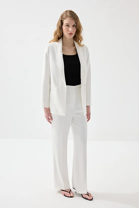 Rahat Kesim Krep Blazer Ceket - Beyaz - 3