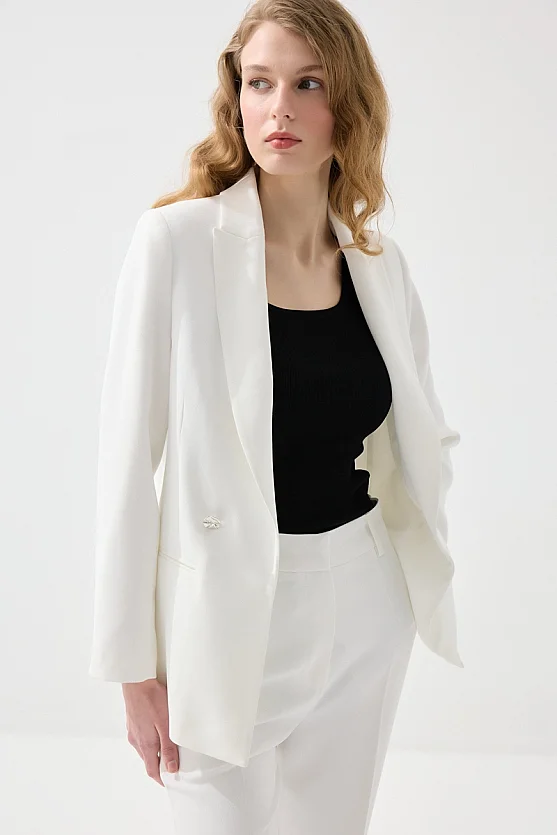 Rahat Kesim Krep Blazer Ceket - Beyaz - 4