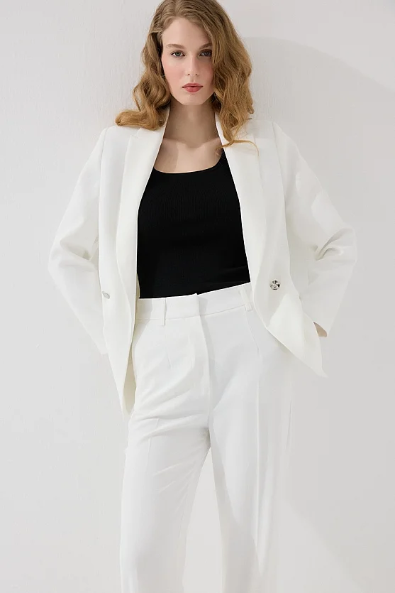 Rahat Kesim Krep Blazer Ceket - Beyaz - 7