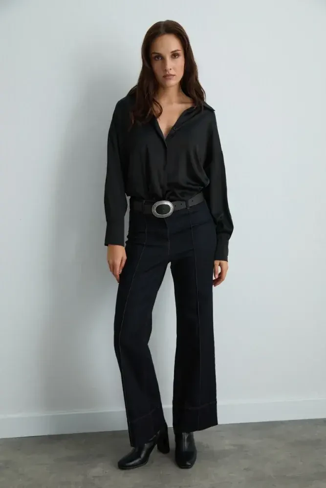Relaxed Fit Satin Shirt - Black Black