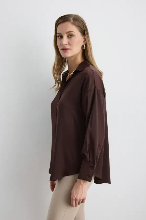 Relaxed-Fit Satin Shirt - Brown - 4