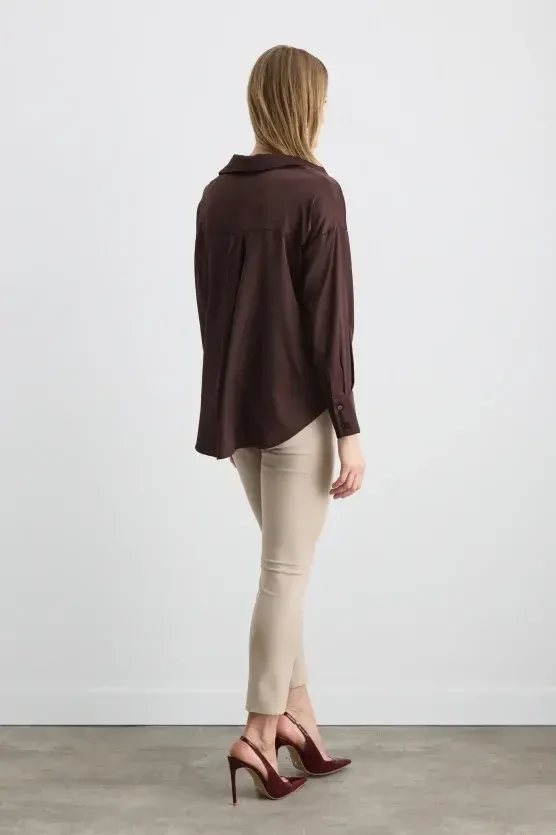 Relaxed-Fit Satin Shirt - Brown - 5