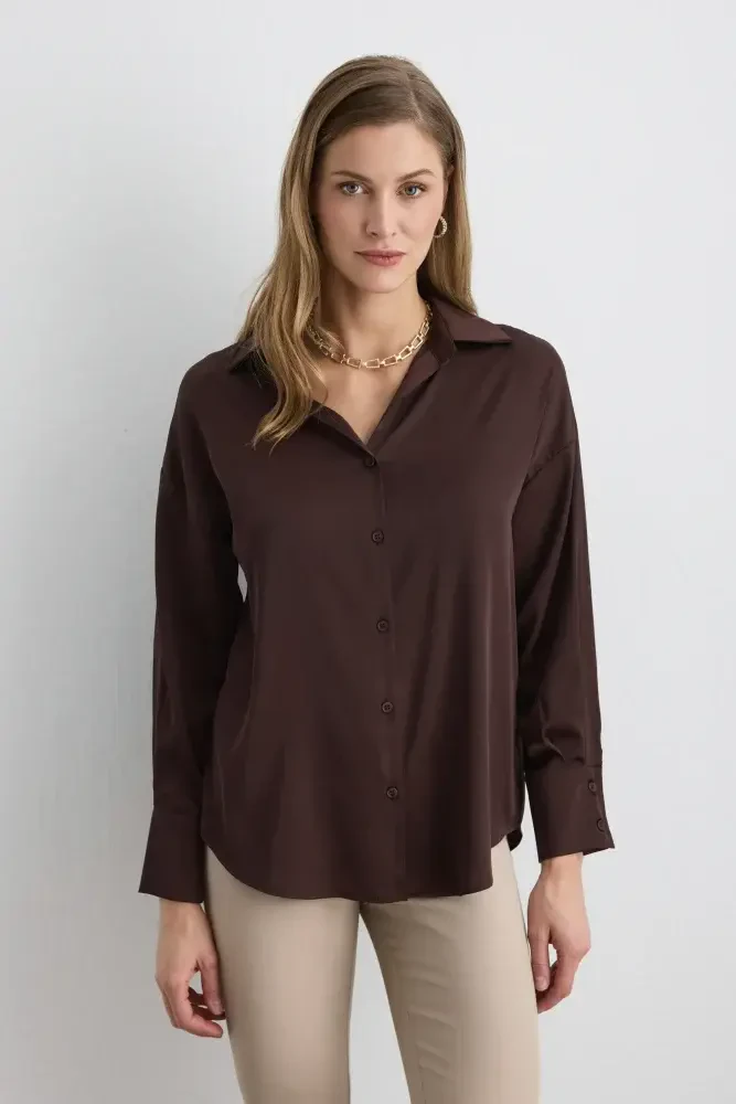 Relaxed-Fit Satin Shirt - Brown