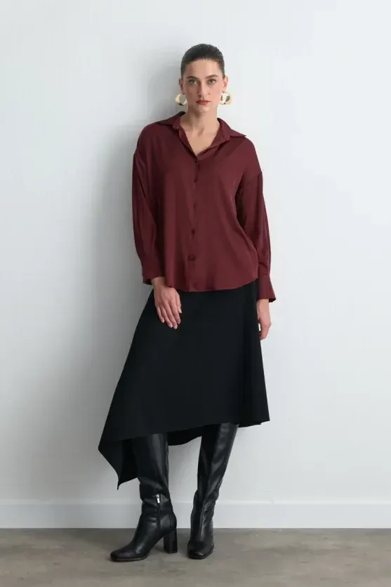 Relaxed Fit Satin Shirt - Burgundy - Gusto