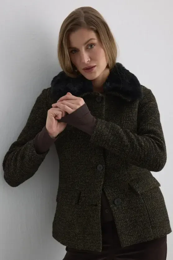 Wool Jacket with Detachable Fur Collar - Khaki - 3