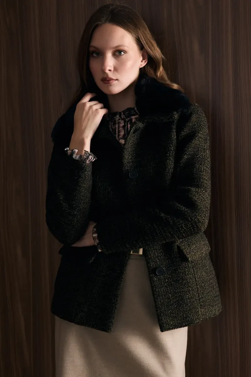 Wool Jacket with Detachable Fur Collar - Khaki Khaki