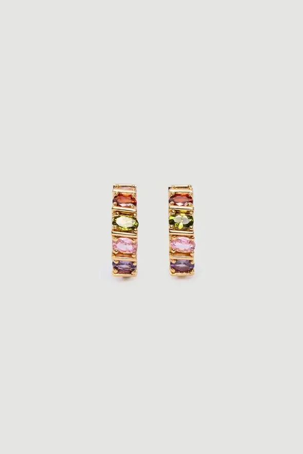 Renkli Taşlı Gold Küpe - Gold - 2