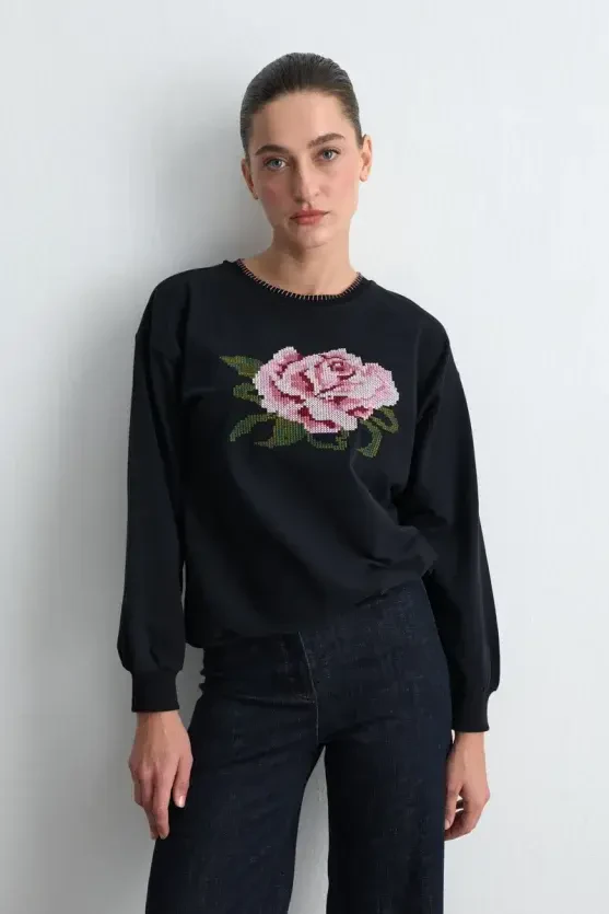Rose Embroidered Cotton Sweatshirt - Black - 2