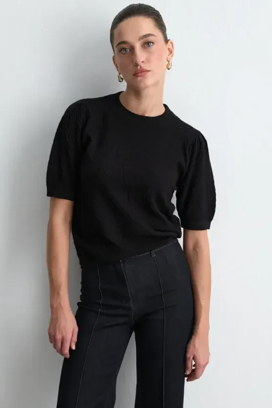 Rose Patterned Eyelet Viscose Knit Blouse - Black - 3