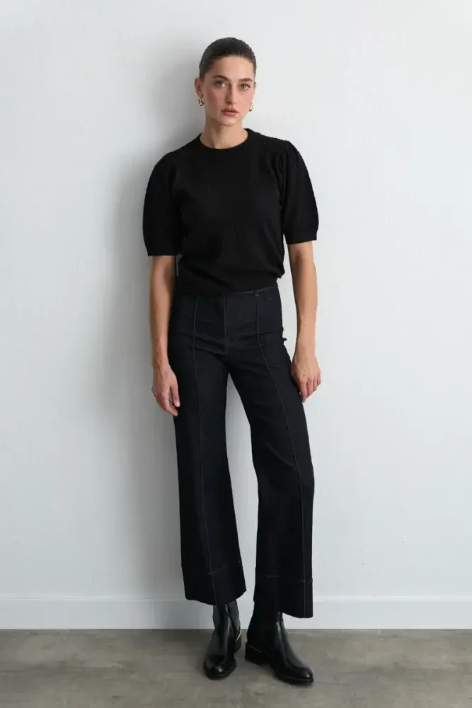 Rose Patterned Eyelet Viscose Knit Blouse - Black Black