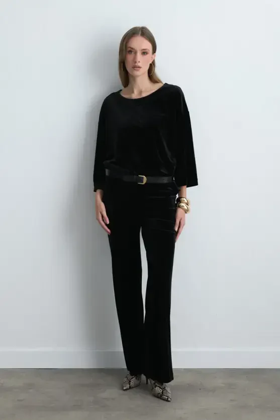 Round Neck Velvet Blouse - Black - 4