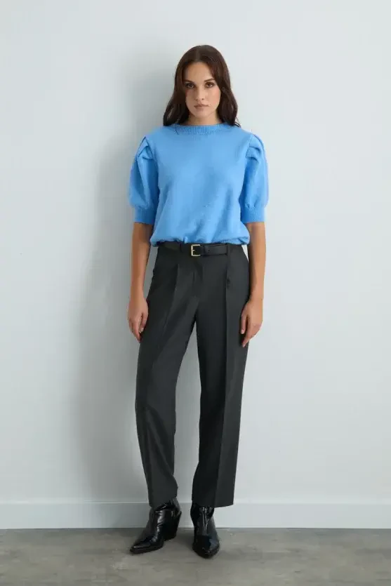 Ruched Sleeve Knit Top - Blue - 2