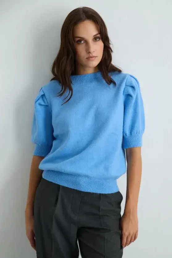 Ruched Sleeve Knit Top - Blue - 5