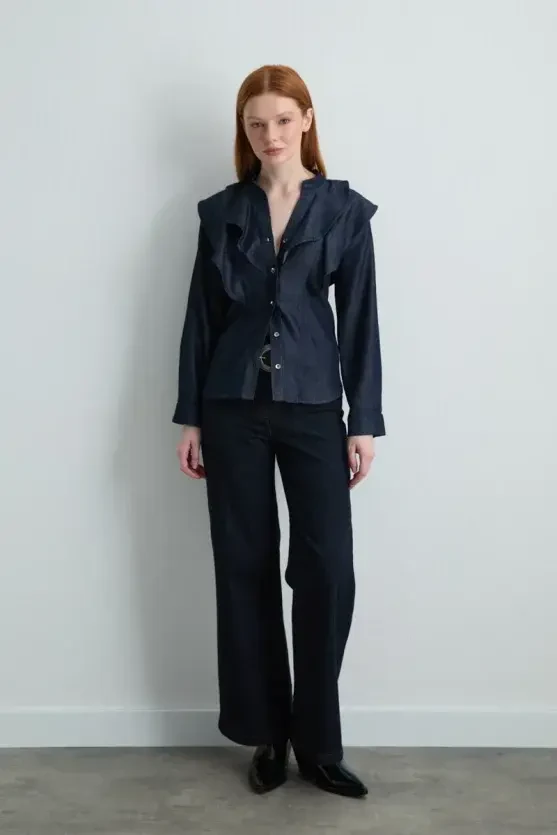 Ruffled Tencel Denim Shirt - Navy Blue - Gusto