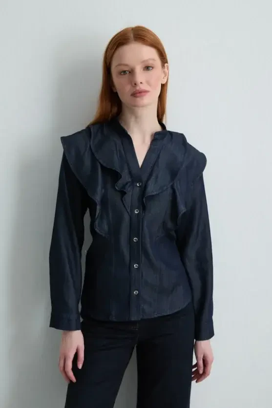 Ruffled Tencel Denim Shirt - Navy Blue - 1