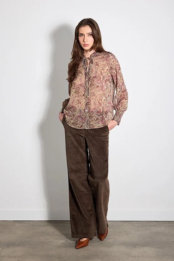 Şal Desenli Hakim Yakalı Bluz - Yeşil - Gusto