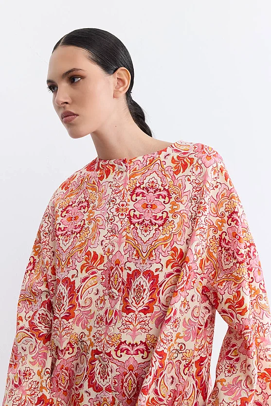 Şal Desenli Kaftan - Kırmızı - 4