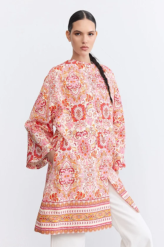 Şal Desenli Kaftan - Kırmızı - 2