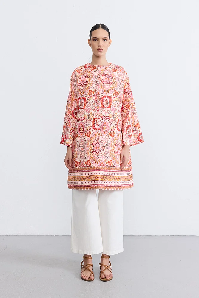 Şal Desenli Kaftan - Kırmızı Kırmızı