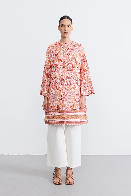Şal Desenli Kaftan - Kırmızı - 1