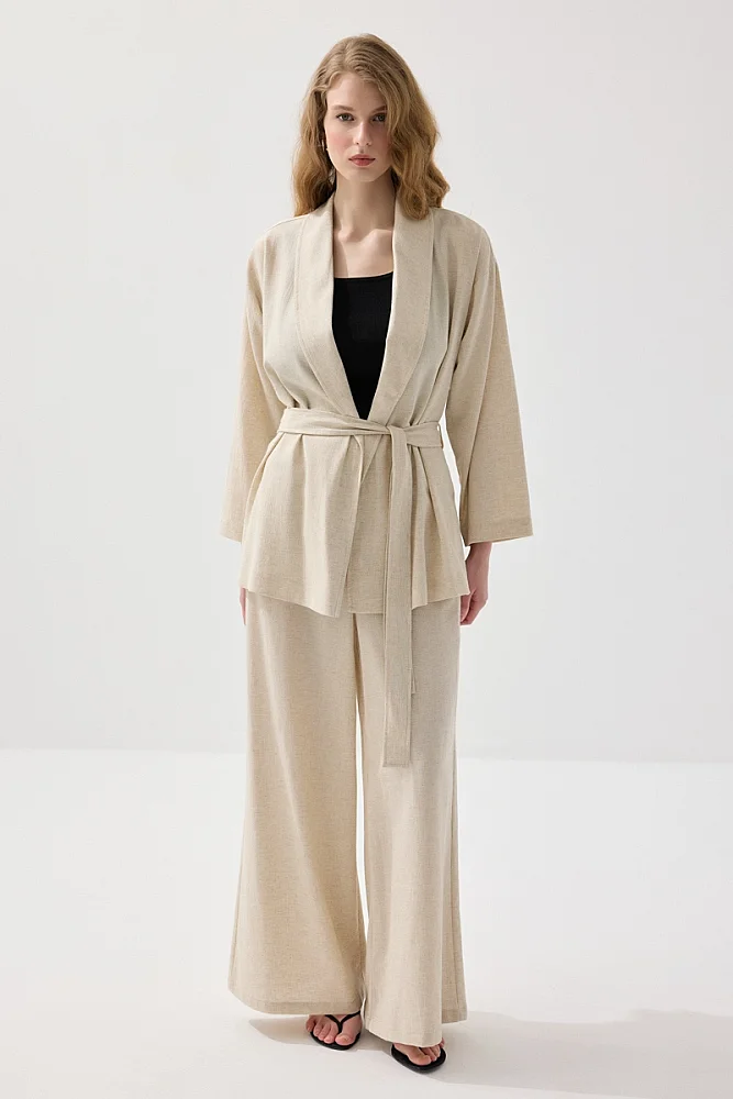 Şal Yaka Keten Kimono - Bej Bej